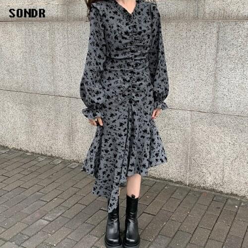Vintage Hepburn Style Pleated Floral Dress 2021 Spring Autumn New WomenS Clothing Korean One-Piece Chiffon Dress Female Dresses