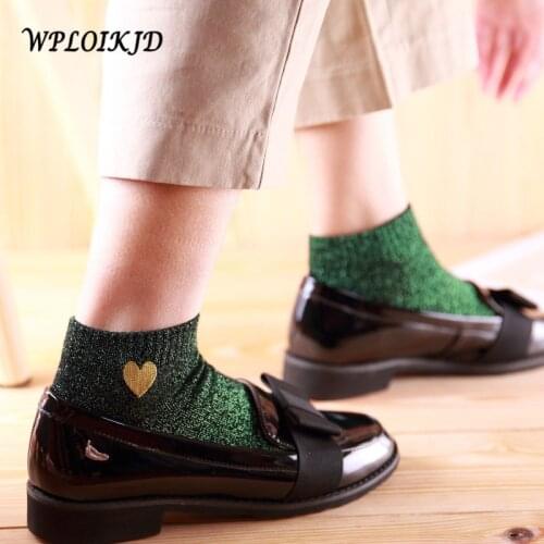 [WPLOIKJD]Fashionable Women Embroidery Heart Love Glitter Socks Silver Gold Silk Colorful Shining Sox Shiny Calcetines Mujer