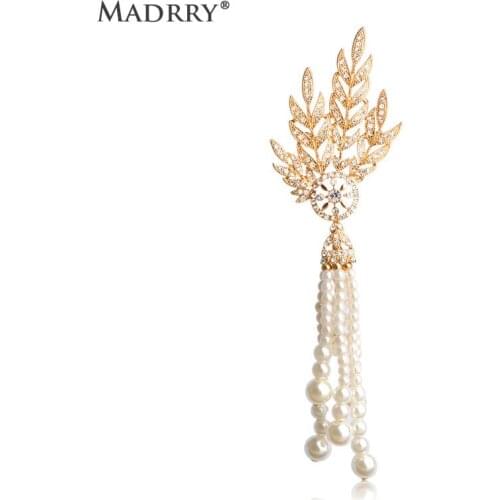 Madrry Simulated-pearl Beads Brooches For Women Gold-color Leaf Plant Broches Corsage Pin Clothes Dress Suit Scarf Wedding Joyas