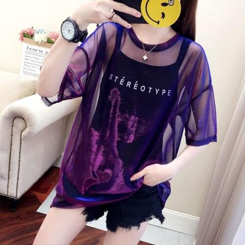 Women 2021 Summer Fashion Purple Bright Silk See-through Short-sleeve Mesh T-shirt Plus Strap Vest Hip-hop Clothes S-4XL Y731