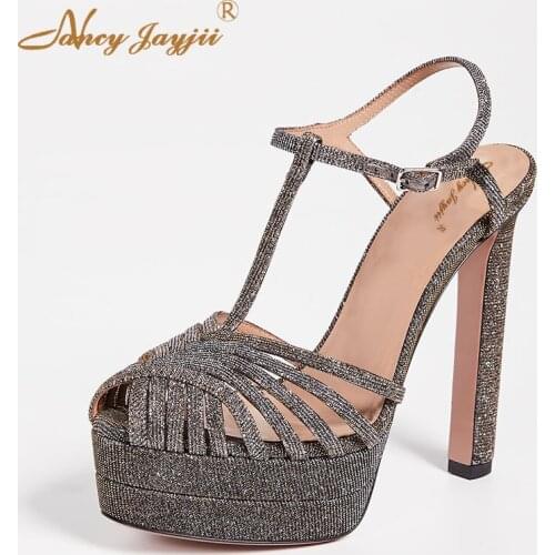 Women Sandals Ladies Shoes Solid Platform Ankle-Wrap Buckle Super High Square heels Sweet Leisure Fashion Basic 2019 T-Strap