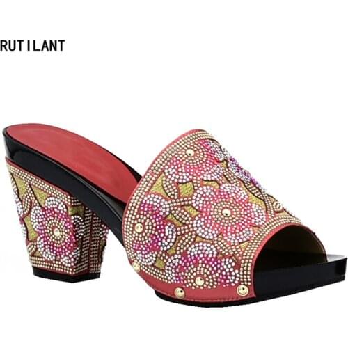 Latest Shoes Woman High Heel Slip on Shoes for Womens Square Toe Pumps Women Shoes Rhinestone Wedding Shoe for Nigeria Party