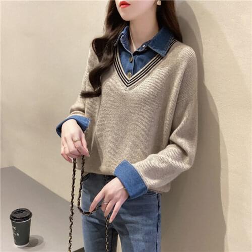 Fake Two Piece Stitching Denim Shirt Collar Sweater Women 2021 Autumn and Winter New Fashion Knitted Loose Pullover
