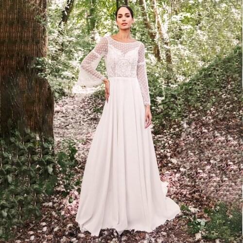Popular Ladies Long Sleeve Sleeve Lace Appliques Scoop Bridal Gown Backless Sweep Train A-Line Wedding Dresses