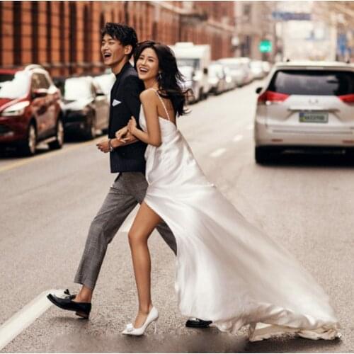 2021 New Design Sexy Spaghetti straps V-Neck Soft Satin Simple Plain Wedding Dress Bride Gown Vestidos De Novia With Bow Tape