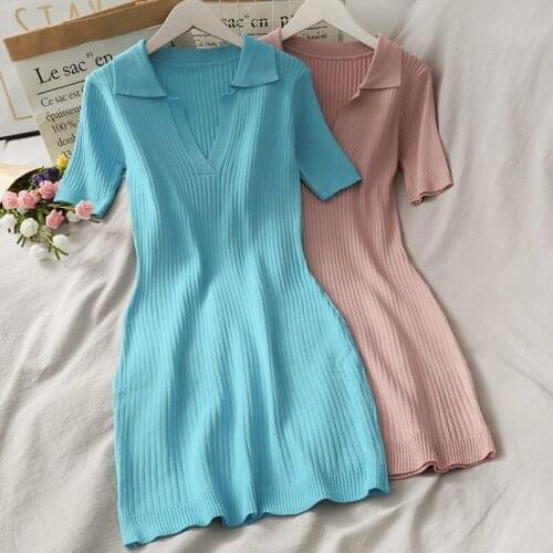 Women Spring Summer Dresses 2021 New Short Sleeve V-Neck Solid Bodycon Slim Knitted Dress Casual Skinny Vestidos
