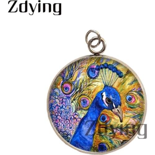 Zdying Round Stainless Steel Peacock Pendant Glass Cabochon Flower Picture Dome Charm DIY Jewelry Necklace Accessories FN010