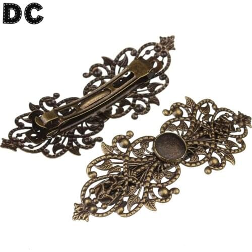 2pcs Copper Brass Hollow Filigree Flower Spring Barrette French Hair Clip Hairpins Round Cabochon Base 12mm DIY Headwear Craft