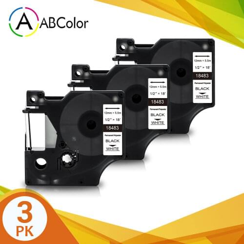 3Pcs 18483 Tape for DYMO Rhino IND Polyester 18483 Label Tape 12mm Black on White For DYMO Rhino 4200 5200 5000 6000 Label Maker