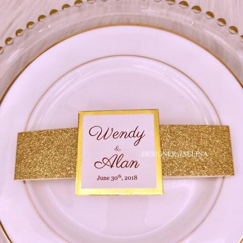 50pcs Elegant DIY Gold Glitter Belly Band and Tag with Mirror Bottom For Wedding Invitations