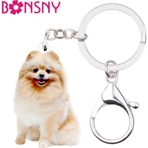 Bonsny Acrylic Happy Sitting Pomeranian Dog Key Chains Keychain Rings Animal Jewelry For Women Girls Teens Handbag Charms Gift