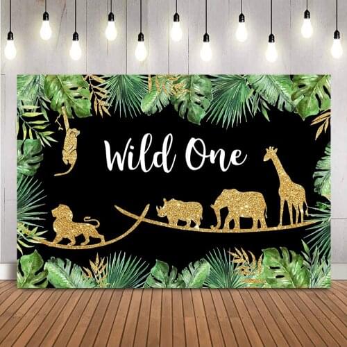 Jungle Safari Animals Backdrop for Photography Newborn Baby 1st Birthday Wild One Black Photo Background Woodland Leaves