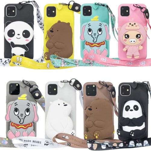 For iPhone 6 7 8 Plus X XR XS Max 11 12 Pro Max Mini Cartoon Coin Purse Wallet Phone Case Back Stand Cover Shell Bag Neck Strap