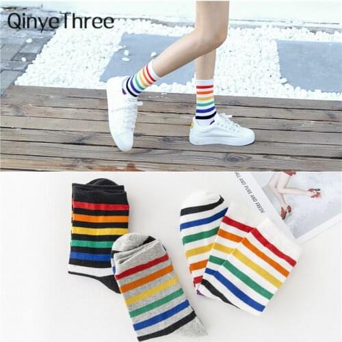 Summer Fall Winter Women Happy Japanese Korean Hipster Rainbow Stripes Tube Socks Unisex Harajuku Dropship