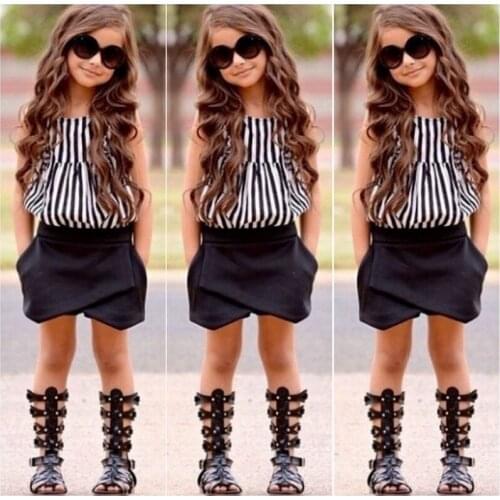Citgeett Girls Summer Clothing Set Kids Girls European Girls 2Pieces Sets Black Tank Top & T-shirt & Shorts Mini Skirt Style