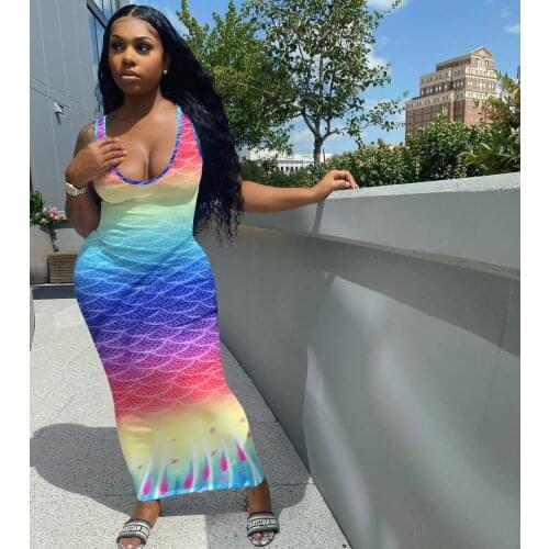 NK229 New Summer Womens Sleeveless Dress Printed with Gradient Ramp of Fish Scale