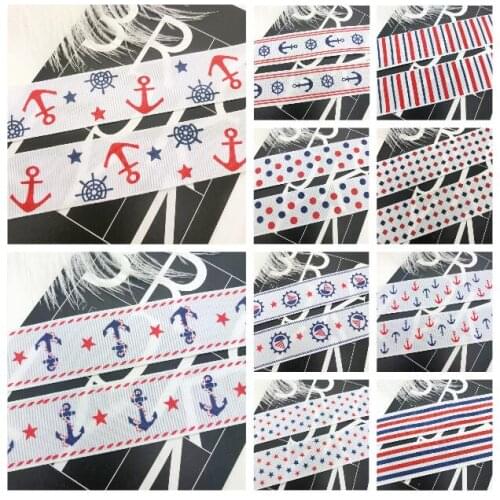 NEW DIY 5 Yards 1'' 25mm Naval Wind Red ships anchor Grosgrain Ribbon Hair Bow Sewing