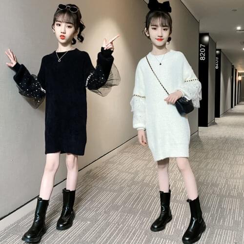 2021 Autumn Winter Kids Dresses for Girls Clothes Children Long Sleeve Knit Sweater Dress Toddler Girl Party Princess Dress W354