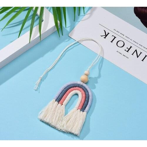 Rainbow with Wood Bead Decorations Wall Decor Hanging Colorful Handmade Weaving Car Ornament Modern Home Decoration