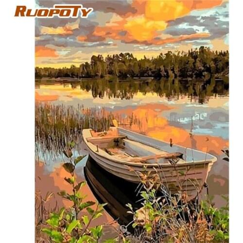 RUOPOTY 60x75cm Boat On Sunset River Landscape Painting By Numbers For Adults Diy Gift Modern Home Decor Wall Oil Paint Craft