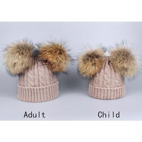 New Parent Child Fox Fur Ball Beanie Hats for Women Baby Kids Caps Men Boy Bonnet Beanies Chapeau Femme Cap Gorros Gorro Hat