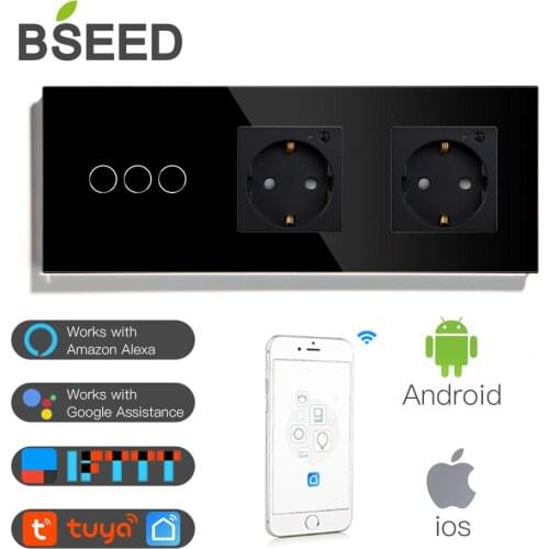 BSEED 3 Gang Wifi Switch Double WiFi EU Sockets With White Black Gloden Crystal Glass Panel Control by Alexa Google Tuya 228mm