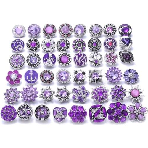10pcs/lot Wholesale Snap Jewelry Mixed Purple Rhinestone Flower Metal Charms 18mm 20mm Snap Button Jewelry for Snaps Bracelet