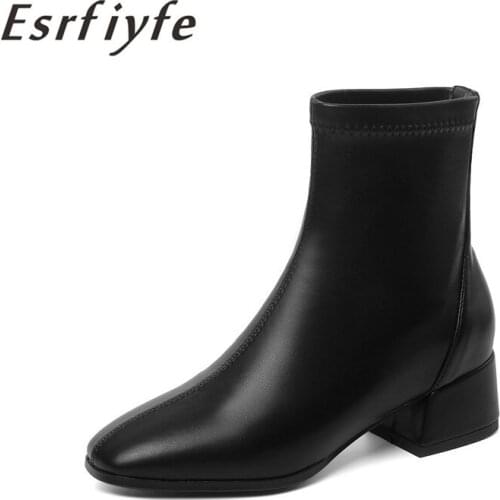 ESRFIYFE 2020 New Winter Women Ankle Boots Microfiber Flock Shoes Woman Thick Heels Square Toe Shoes Women Party Shoes Big Size