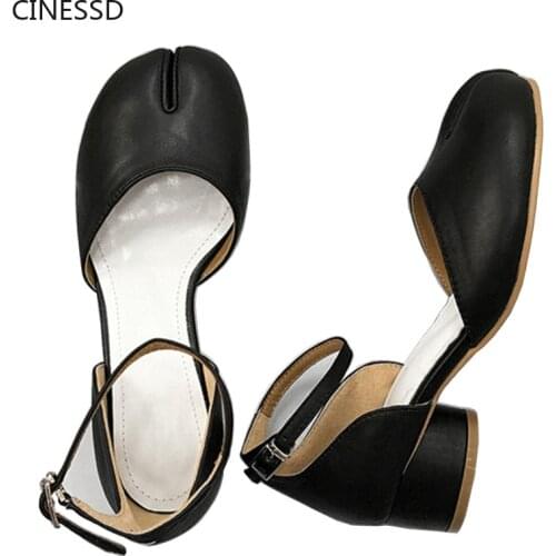 Women Split Toe Ninja Tabi Pumps Genuine Leather Sheepskin Real Leather Shoes Woman 3.5cm Heels Shallow Sandals Round Heel Shoes