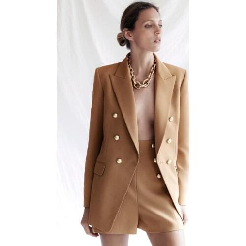 Women Fashion Office Wear Double Breasted Blazer Coat Vintage Long Sleeve Pockets Female Outerwear Chic Tops