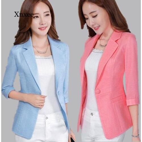 Spring Summer Cotton Linen Blazer Three-Quarter Sleeve Office Ladies Slim Solid Slim Suit 5Xl Jacket