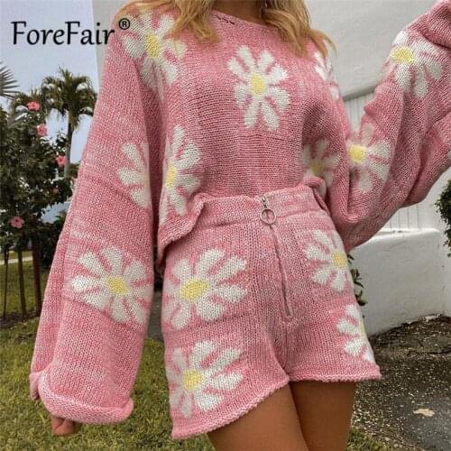 Forefair Knitted Women Two Pieces Set 2021 Summer O Neck Long Sleeve Casual Loose Top High Waist Short Pants Outfits Tracksuit
