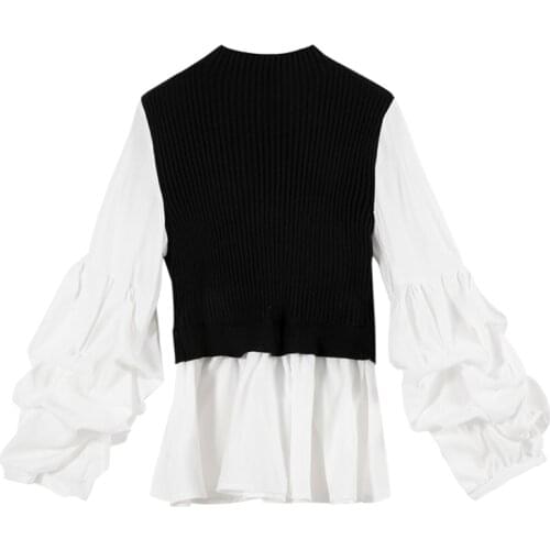PERHAPS U Women Black White O Neck Long Sleeve Knitted Patchwork Winter Autumn Top Puff Sleeve B0578