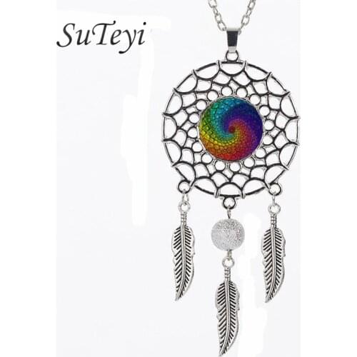 SUTEYI Flower of Life Pendant Necklace Mandala Sacred Geometry Glass Necklaces Dream Catcher Jewelry Women Accessories