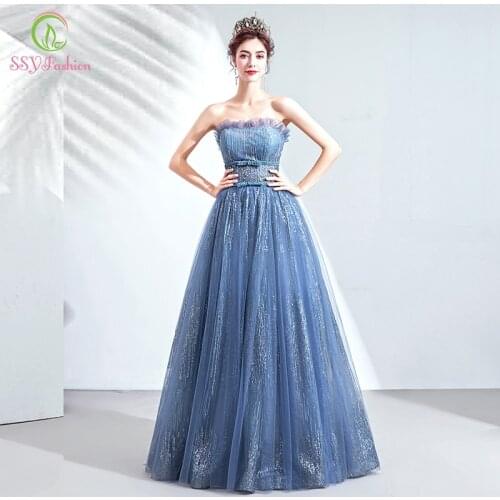 SSYFashion New Banquet Sequins Shining Blue Evening Dress Simple Strapless Floor-length Party Formal Gowns Vestido De Noche
