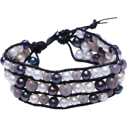 2016 handmade 3 layer genuine leather wrap bracelet weave vintage pearl and semi-precious stone beads punk jewelry