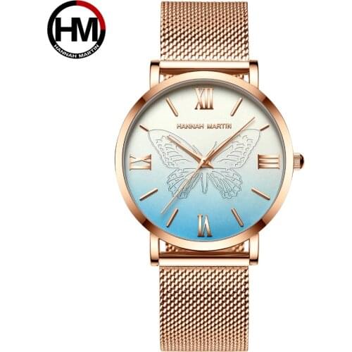 Hannah Martin Luxury Women Watches Rose Gold Waterproof Steel Mesh Quartz Wristwatch Butterfly Elegant Ladies Dress Watch Clock
