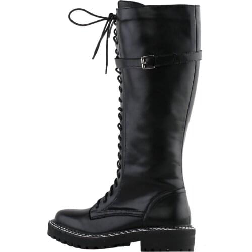 SHOW STORY Retro Black Lace-Up Buckle Strap Knee High Combat Boots