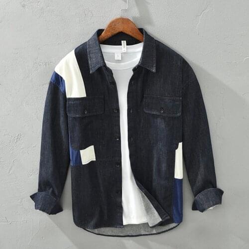 1201 Trendy Patchwork Contrast Color Denim Coats Spring Autumn Korean Style Casual Loose Lapel Hip Hop Street Blue Jacket Cowboy