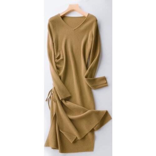 Elegant V-Neck Knitted Sweater Dress Women Split Draw String Autumn Dresses Solid Slim Fit Long Female 2020 New Hot Long Sleeves