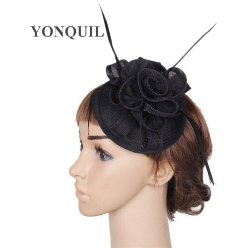 Elegant Imitation Sinamay Fascinators With Feather Wedding Headwear Event Occasion Cocktail Hat Black Hair Accessories