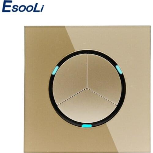 Esooli 2019 New Arrival Gold Crystal Glass Panel 3 Gang 1 Way Random Click On / Off Wall Light Switch With LED Indicator