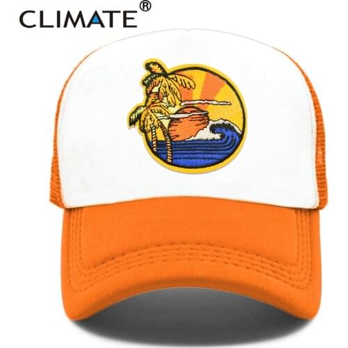 CLIMATE Seaside View Trucker Cap Hat Sandbeach Sight Vacation Cap Coconut Holiday Mesh Cap Surfing Sunrise Sea Wave Cool Hat Cap