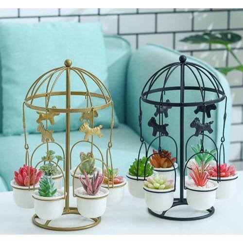 Creative Carousel Ceramic Flower Pot Succulent Pot Plant Stand Home Garden Pots Planters Iron Frame Set Desk Decoration Tray