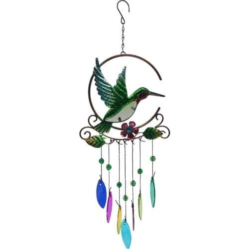Hummingbird Metal Wind Chime 7 Color Glass Pendant Wrought Iron Handicraft Hanging Ornaments Decoration Garden Guardian