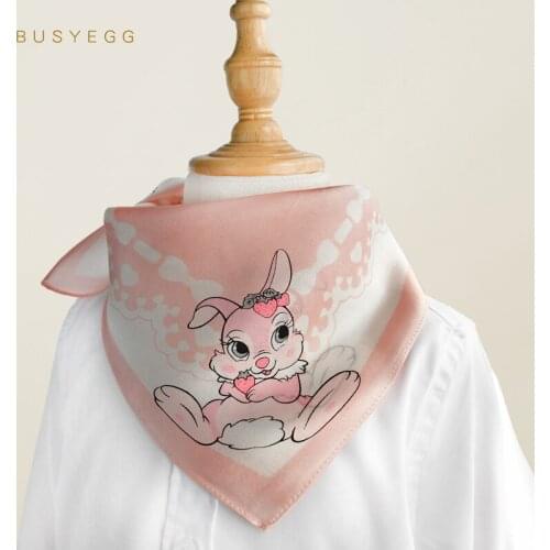Cute cartoon rabbit fashion women 100% real silk neck scarf for children small square headband wrap adorable gift for baby kids
