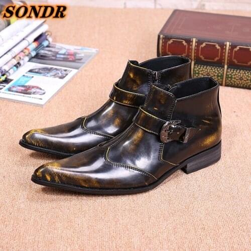 British Style Men Boots Spring Buckle Strap Shoes Fashion Slip On Boots Breathable Pointed Toe Genuine Leather Male Botas Hombre