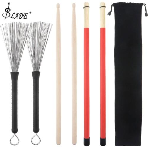 4pcs Jazz Drumsticks Set Include 5A Maple Drum Sticks Bamboo Steel Wire Brushes and Velvet Bag for Musical Instrument