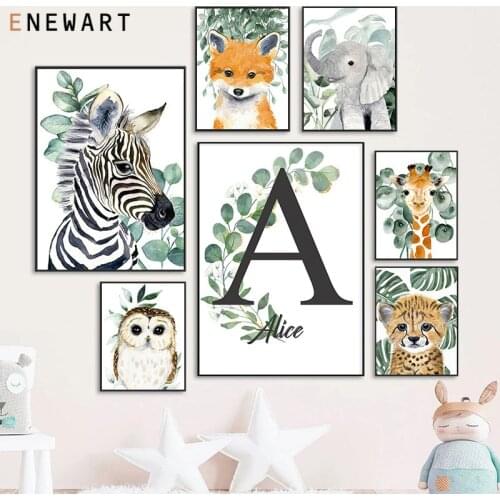 Customized Name Nursery Poster Baby Animal Green Leaf Wall Art Canvas Painting Nordic Posters and Prints for Kids Room Decor