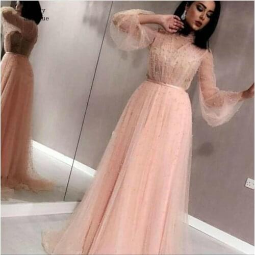 New Arrival Tulle dress Pink Long sleeve evening dresses 2020 Pearls Beaded Evening gowns Dubai Arabic muslim evening dress